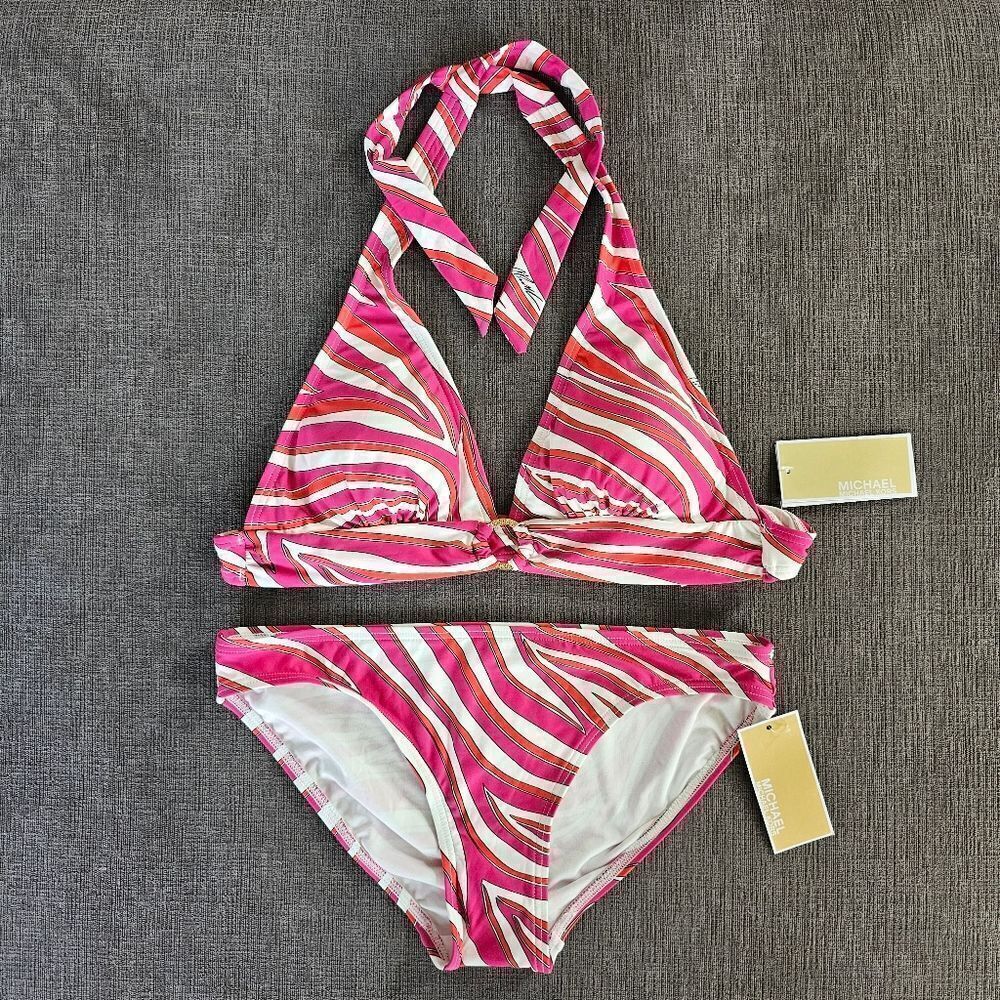 Michael Kors Women's Zebra Print Logo Ring Halter Hipster Bikini Set Size Large